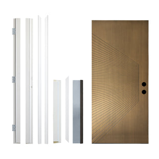 Contemporary Sunburst Design Brush Finished Fiberglass Entry Door with Brickmould