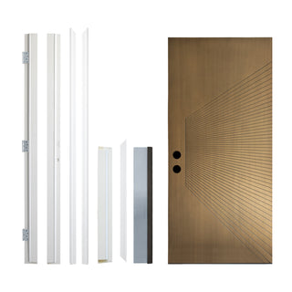 Contemporary Sunburst Design Brush Finished Fiberglass Entry Door with Brickmould