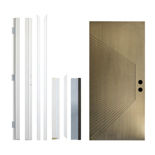 Contemporary Sunburst Design Brush Finished Fiberglass Entry Door with Brickmould