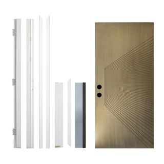 Contemporary Sunburst Design Brush Finished Fiberglass Entry Door with Brickmould