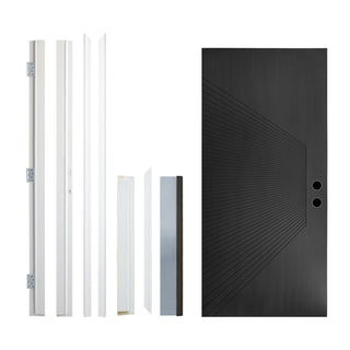 Contemporary Sunburst Design Brush Finished Fiberglass Entry Door with Brickmould
