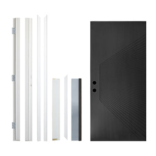Contemporary Sunburst Design Brush Finished Fiberglass Entry Door with Brickmould