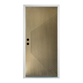 Contemporary Sunburst Design Brush Finished Fiberglass Entry Door with Brickmould
