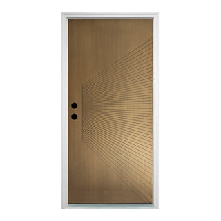 Contemporary Sunburst Design Brush Finished Fiberglass Entry Door with Brickmould