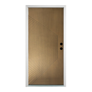 Contemporary Sunburst Design Brush Finished Fiberglass Entry Door with Brickmould
