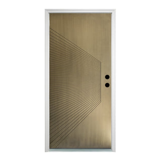 Contemporary Sunburst Design Brush Finished Fiberglass Entry Door with Brickmould