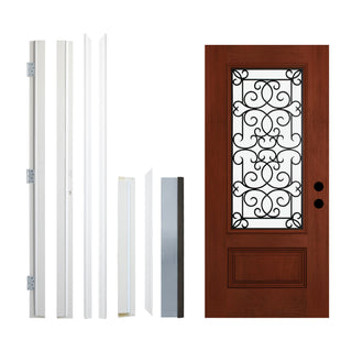 Wooden Grain Stained Fiberglass Door with Wrought Iron Frosted Glass