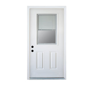 SUMMIT PINES 36 x 80 Fiberglass Entry Door with Brickmould, Blinds, High Quality Vinyl Frame, Primed Wooden Grain K017-36BWL