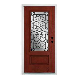 Wooden Grain Stained Fiberglass Door with Wrought Iron Frosted Glass