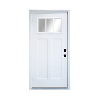 Smooth Primed Craftsman 3-Lite Low-E Glass Fiberglass Entry Door with Brickmould