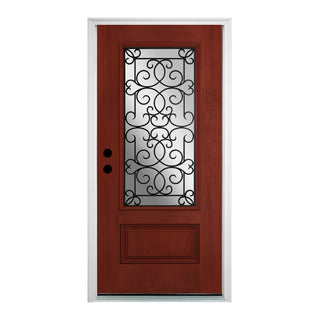 Wooden Grain Stained Fiberglass Door with Wrought Iron Frosted Glass